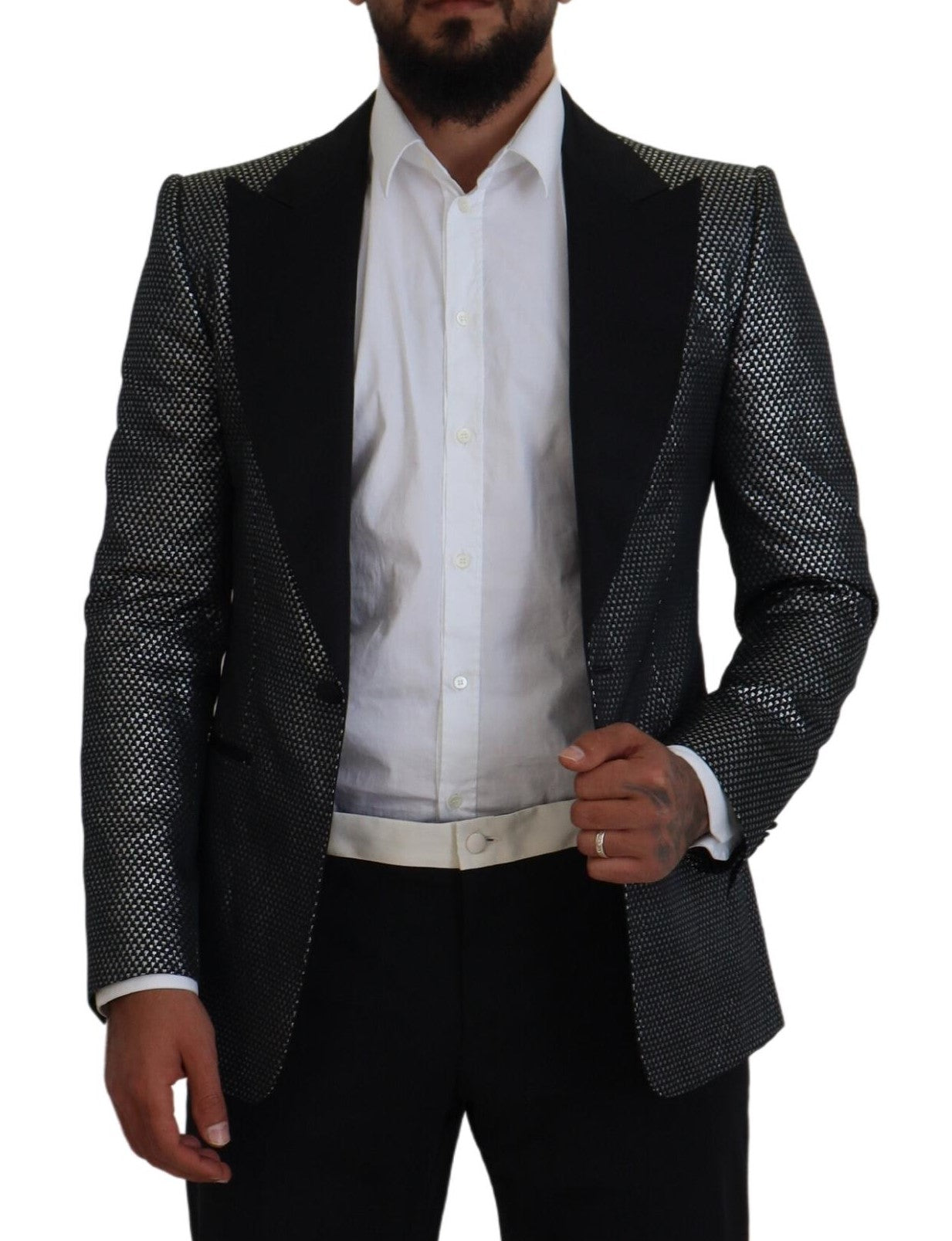 Dolce &amp; Gabbana – Slim Fit-Jackenblazer aus Jacquard in Schwarz und Silber