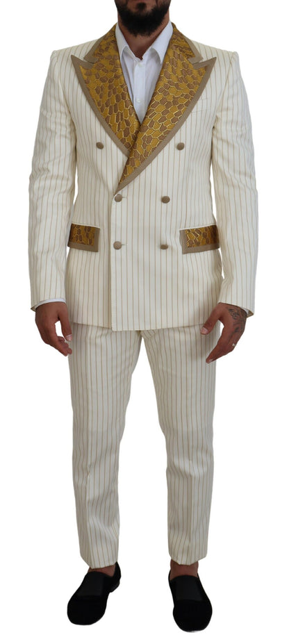 Dolce &amp; Gabbana Off White Gold Striped Tuxedo Slim Fit Suit