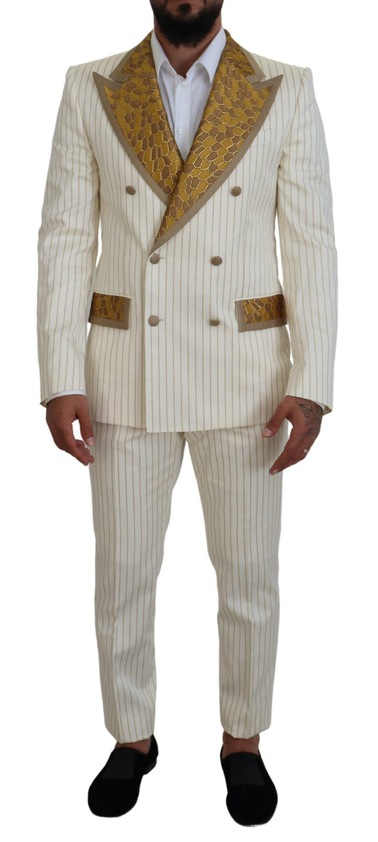Dolce &amp; Gabbana Off White Gold Striped Tuxedo Slim Fit Suit