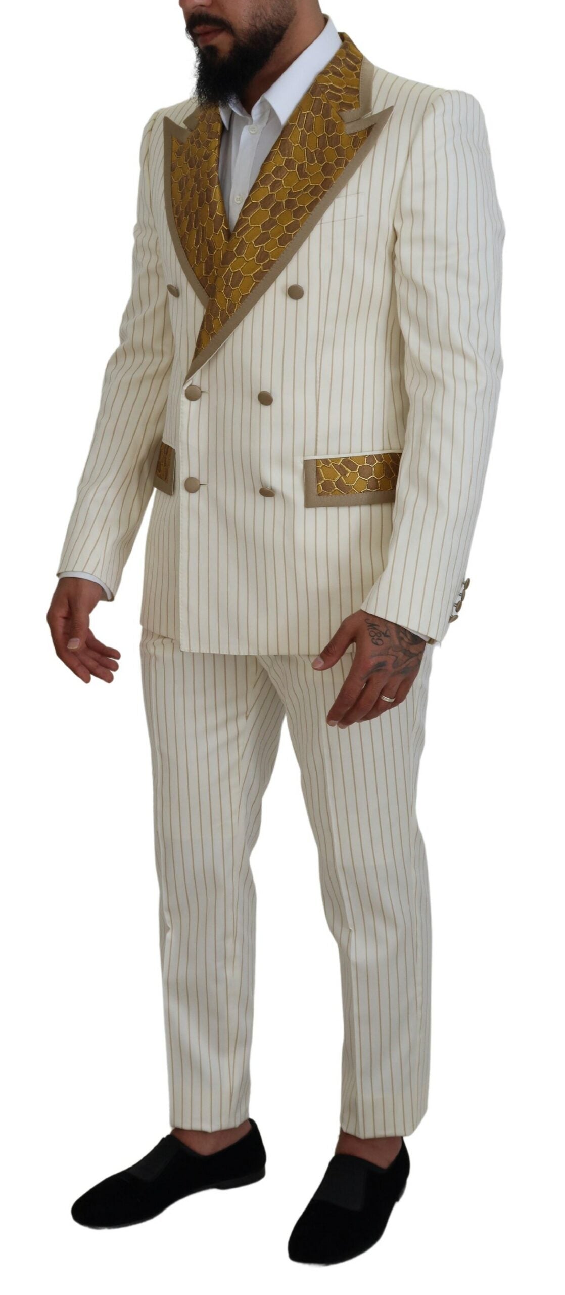 Dolce &amp; Gabbana Off White Gold Striped Tuxedo Slim Fit Suit