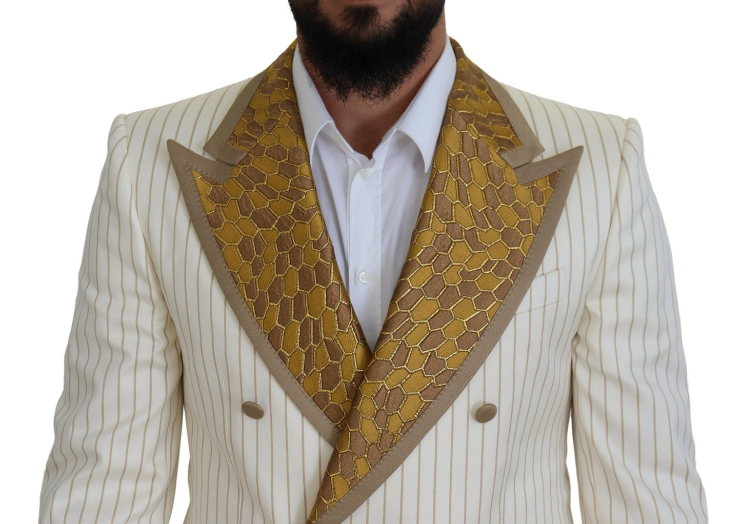 Dolce &amp; Gabbana Off White Gold Striped Tuxedo Slim Fit Suit