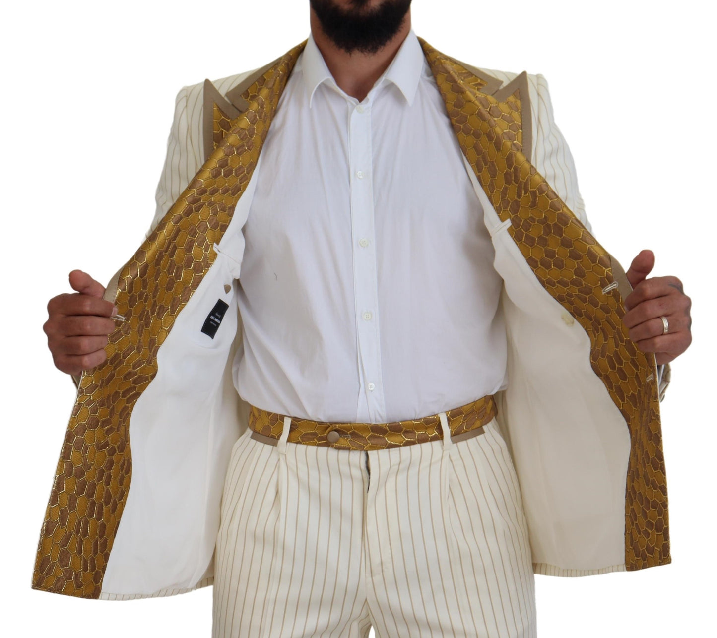 Dolce &amp; Gabbana Off White Gold Striped Tuxedo Slim Fit Suit