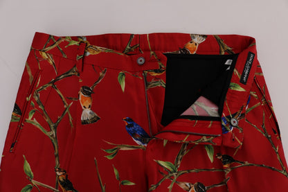 Dolce &amp; Gabbana – Rote Anzughose aus Seide mit Vogelprint