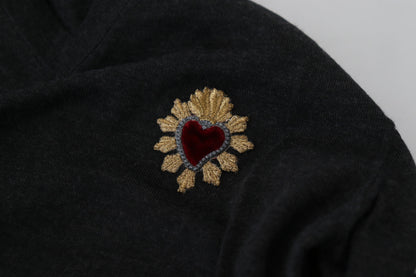 Dolce &amp; Gabbana Grauer Kaschmirpullover mit V-Ausschnitt und goldenem Herz