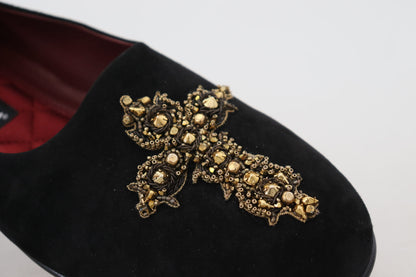 Dolce &amp; Gabbana – Slipper aus schwarzem Wildleder mit goldenem Kreuz