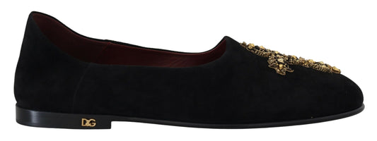 Dolce &amp; Gabbana – Slipper aus schwarzem Wildleder mit goldenem Kreuz
