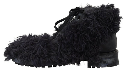 Dolce &amp; Gabbana – Schwarze Kampfstiefel aus Leder mit Lammfell