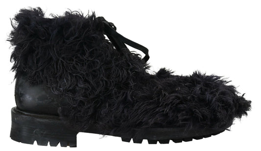 Dolce &amp; Gabbana – Schwarze Kampfstiefel aus Leder mit Lammfell