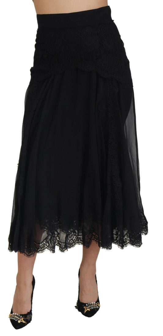 Dolce &amp; Gabbana – Schwarzer Midirock mit hoher Taille und Spitzenbesatz aus Seide