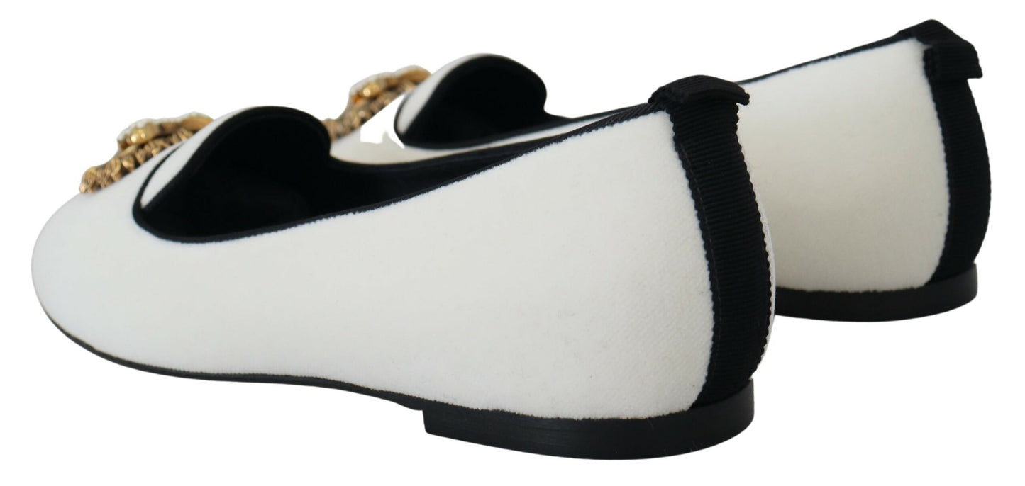 Dolce &amp; Gabbana – Slipper aus weißem Samt, flache Schuhe