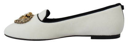 Dolce &amp; Gabbana – Slipper aus weißem Samt, flache Schuhe