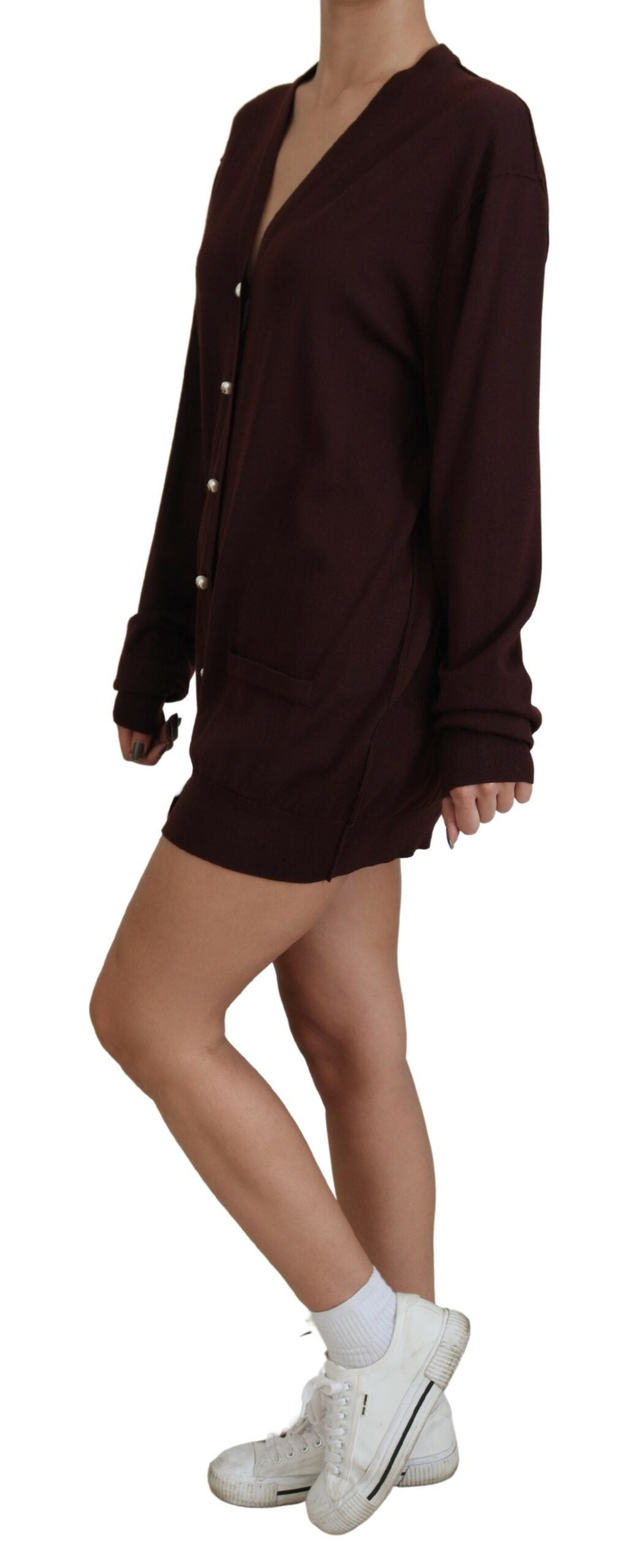 Dolce &amp; Gabbana – Kastanienbrauner Cardigan aus Wollstrick mit tiefem V-Ausschnitt