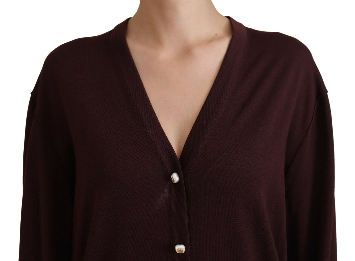 Dolce &amp; Gabbana – Kastanienbrauner Cardigan aus Wollstrick mit tiefem V-Ausschnitt
