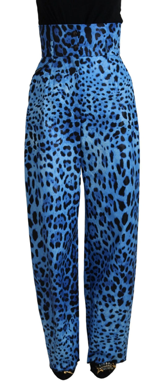 Dolce &amp; Gabbana – Blaue Hose mit hohem Bund und Leopardenmuster