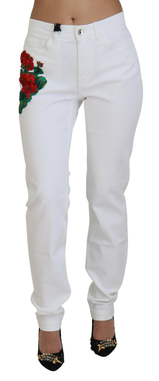 Dolce &amp; Gabbana – Weiße Skinny-Jeans mit Blumenstickerei