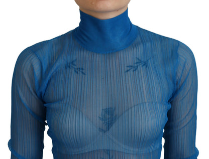 Dolce &amp; Gabbana, blaues Rollkragen-Bluse-Oberteil aus Netzstoff mit langen Ärmeln