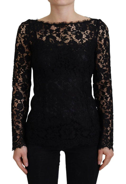 Dolce &amp; Gabbana – Schwarzes, langärmliges Oberteil aus Baumwolle mit Spitzenbesatz
