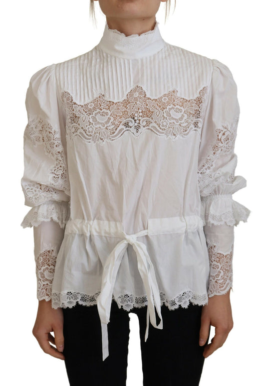 Dolce &amp; Gabbana – Weiße Bluse mit Rollkragen und Spitzenbesatz aus Baumwolle