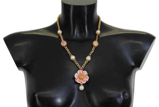 Dolce &amp; Gabbana – Goldfarbene Halskette mit floralen Kristallen und rosa Verzierung