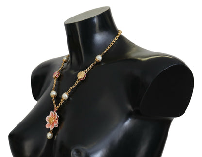 Dolce &amp; Gabbana – Goldfarbene Halskette mit floralen Kristallen und rosa Verzierung