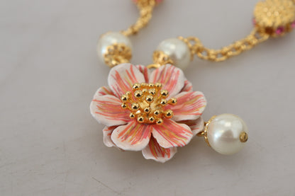 Dolce &amp; Gabbana – Goldfarbene Halskette mit floralen Kristallen und rosa Verzierung