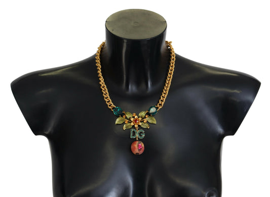 Dolce &amp; Gabbana Statement-Halskette aus goldenem Messing mit Kristalllogo und Obst- und Blumenmuster