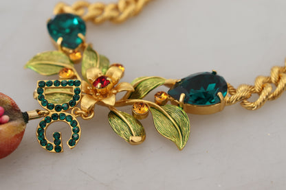 Dolce &amp; Gabbana Statement-Halskette aus goldenem Messing mit Kristalllogo und Obst- und Blumenmuster