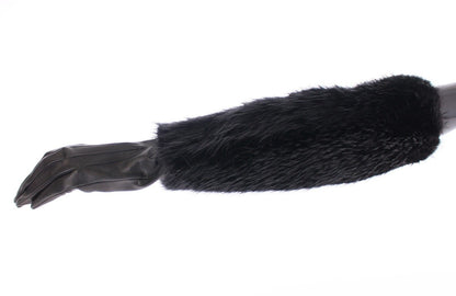 Dolce &amp; Gabbana Schwarze Ellbogenhandschuhe aus Biberfell und Lammleder