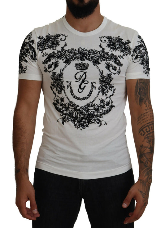 Dolce &amp; Gabbana – Weißes T-Shirt mit Rundhalsausschnitt und Blumenmuster in Kronenform für Herren