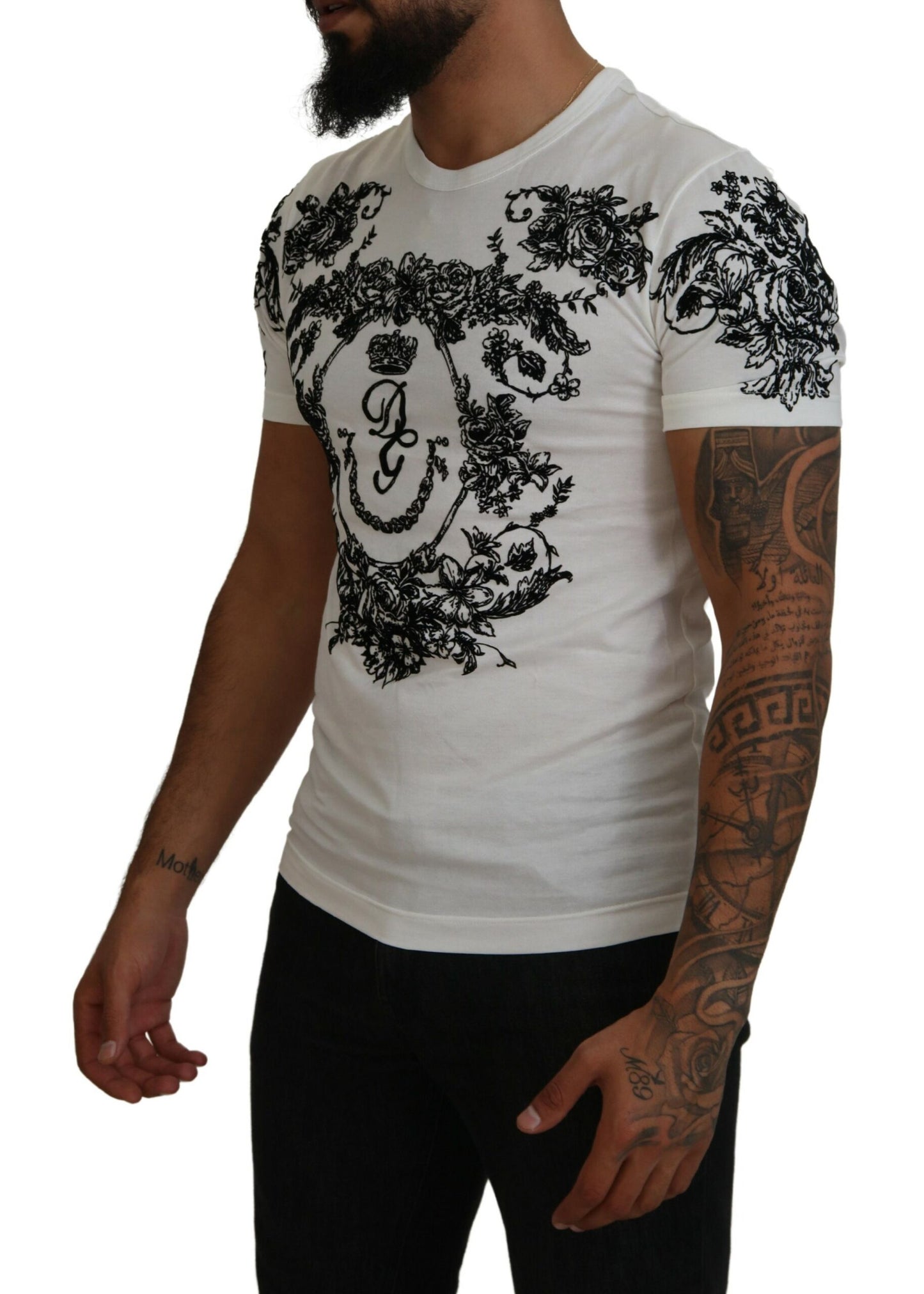 Dolce &amp; Gabbana – Weißes T-Shirt mit Rundhalsausschnitt und Blumenmuster in Kronenform für Herren