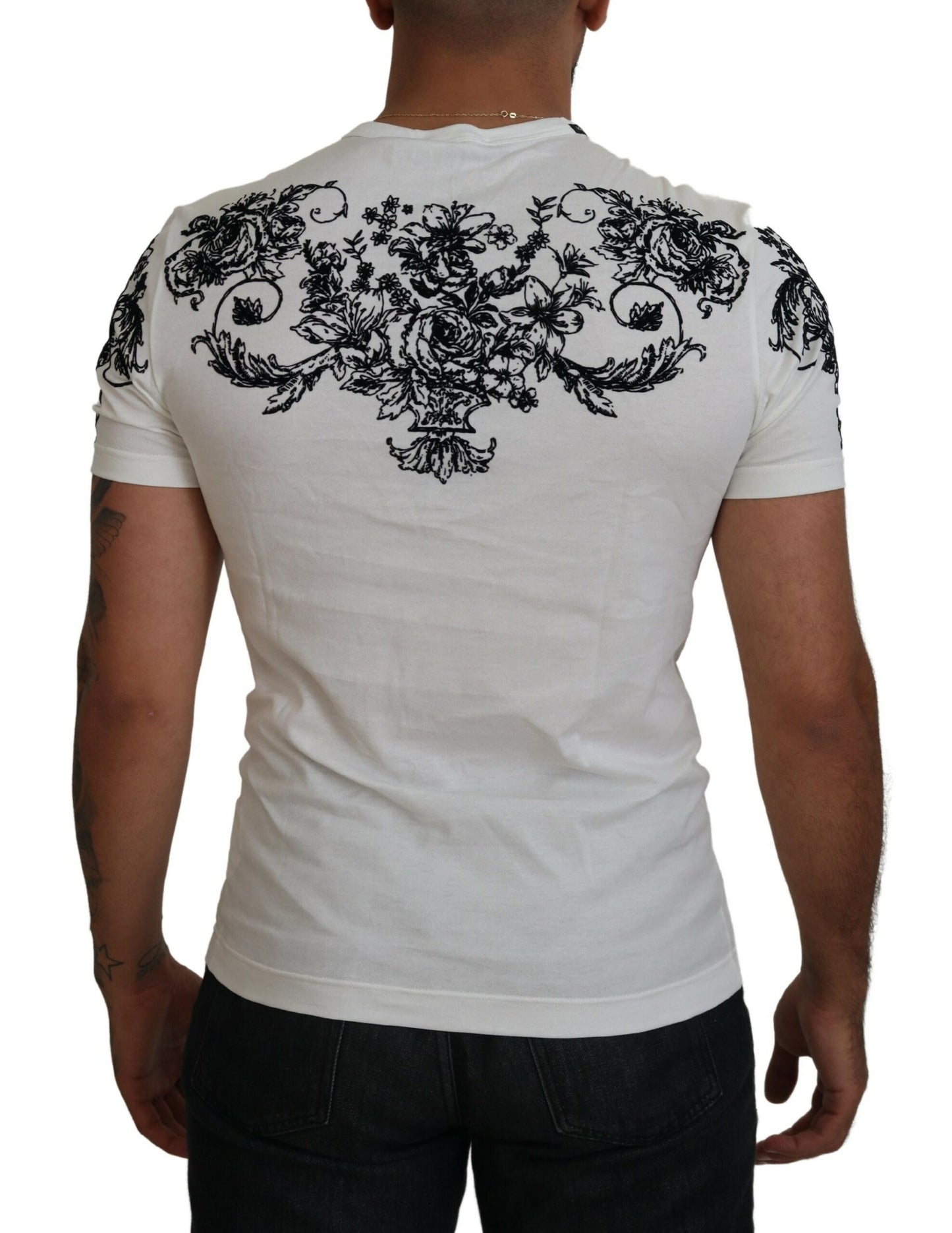 Dolce &amp; Gabbana – Weißes T-Shirt mit Rundhalsausschnitt und Blumenmuster in Kronenform für Herren