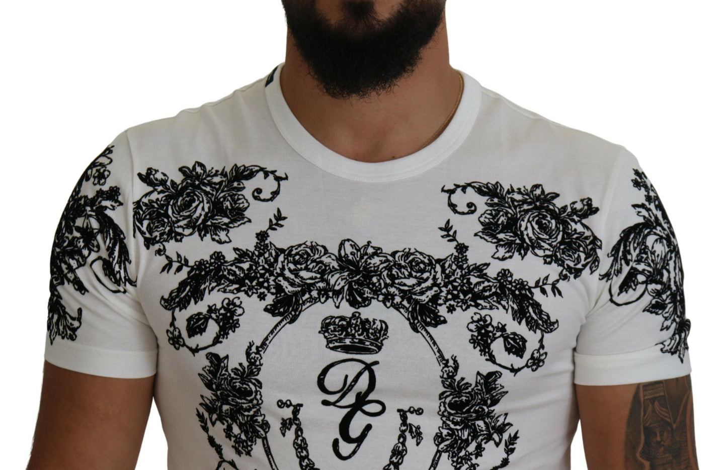 Dolce &amp; Gabbana – Weißes T-Shirt mit Rundhalsausschnitt und Blumenmuster in Kronenform für Herren