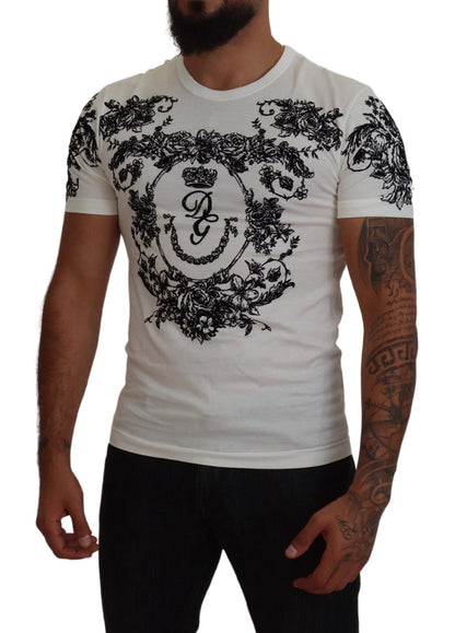 Dolce &amp; Gabbana – Weißes T-Shirt mit Rundhalsausschnitt und Blumenmuster in Kronenform für Herren