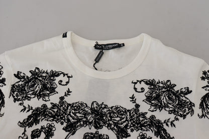 Dolce &amp; Gabbana – Weißes T-Shirt mit Rundhalsausschnitt und Blumenmuster in Kronenform für Herren