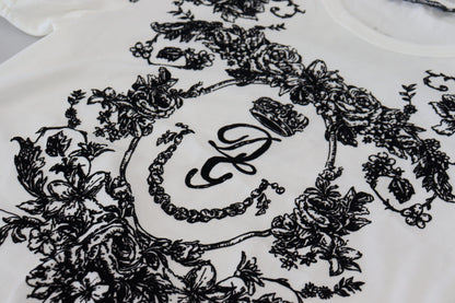 Dolce &amp; Gabbana – Weißes T-Shirt mit Rundhalsausschnitt und Blumenmuster in Kronenform für Herren