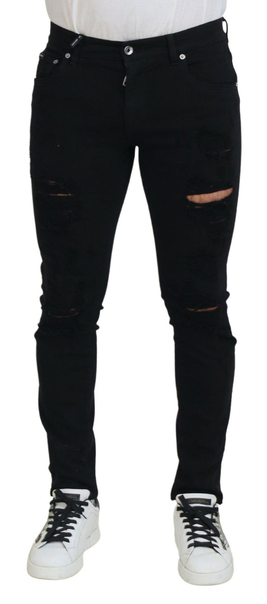 Dolce &amp; Gabbana – Schwarze Slim Fit-Jeans aus zerfetztem Baumwolldenim