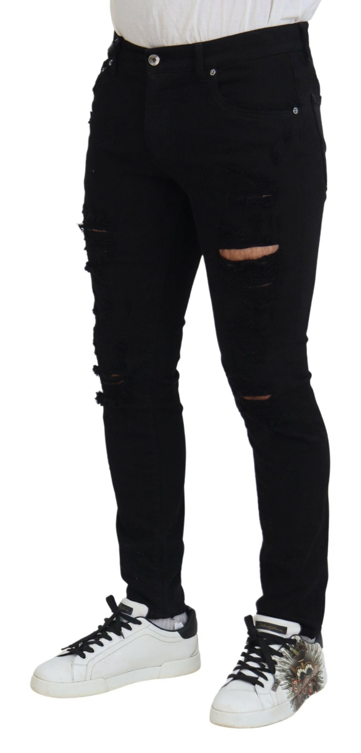 Dolce &amp; Gabbana – Schwarze Slim Fit-Jeans aus zerfetztem Baumwolldenim