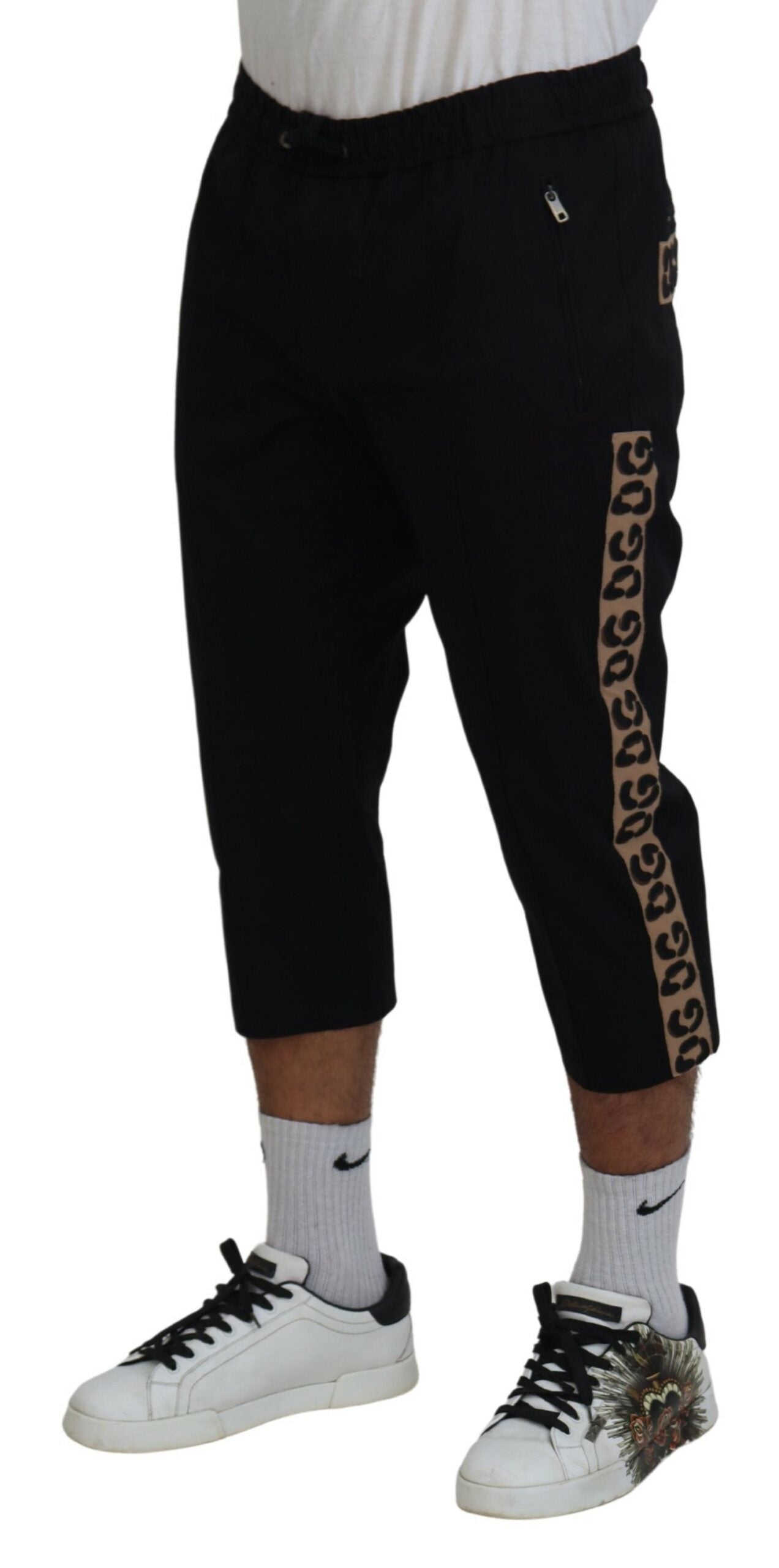 Dolce &amp; Gabbana – Schwarze, verkürzte Hose aus Baumwolle mit elastischem Bund und DG-Logo