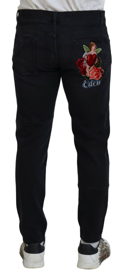 Dolce &amp; Gabbana – Schwarze Skinny-Jeans mit Engel-Stickerei