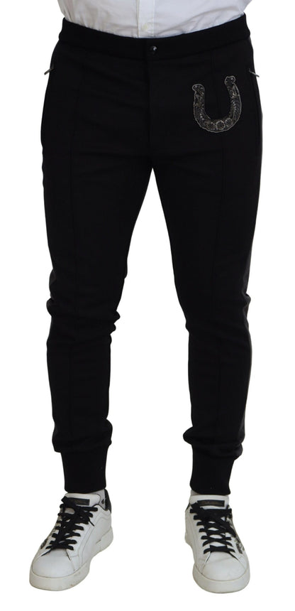 Dolce &amp; Gabbana – Schwarze Jogginghose aus Wolle mit Hufeisendesign
