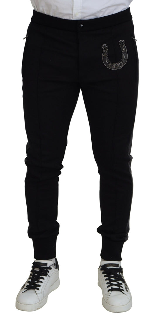 Dolce &amp; Gabbana – Schwarze Jogginghose aus Wolle mit Hufeisendesign