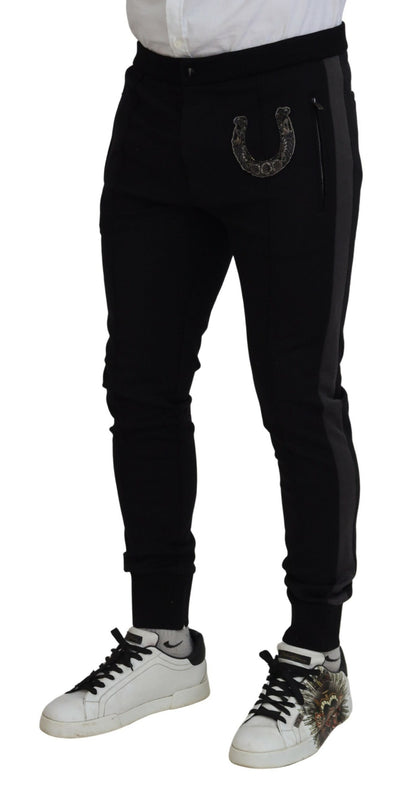 Dolce &amp; Gabbana – Schwarze Jogginghose aus Wolle mit Hufeisendesign
