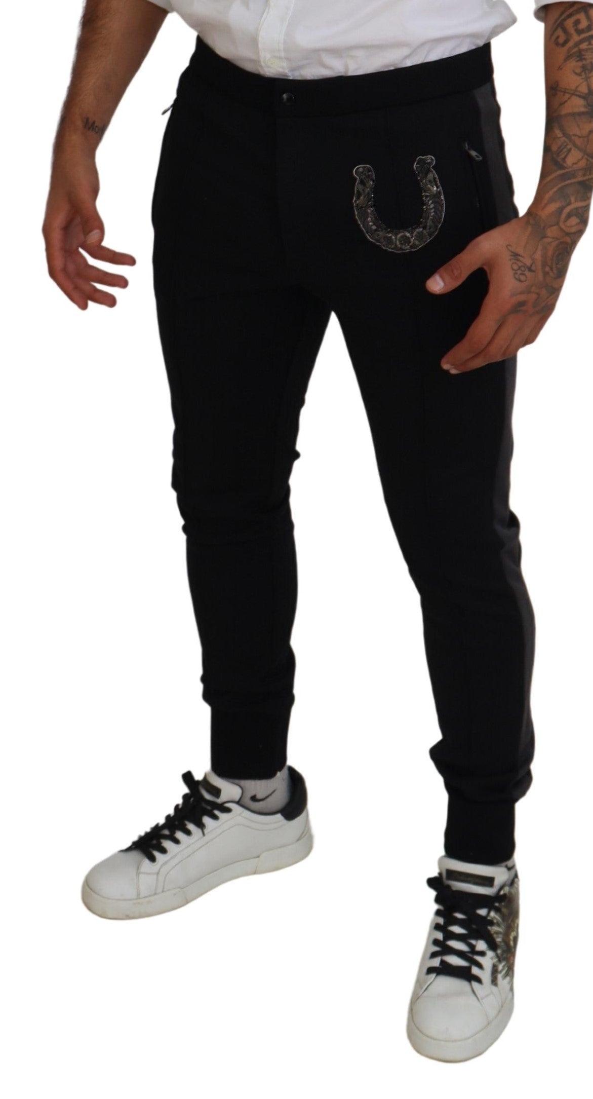 Dolce &amp; Gabbana – Schwarze Jogginghose aus Wolle mit Hufeisendesign