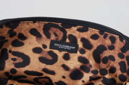 Dolce &amp; Gabbana Blue Logo Print Hand Pouch Leopard Print Toiletry Bag