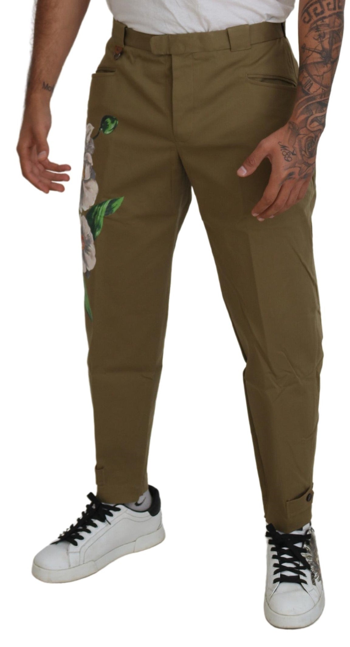 Dolce &amp; Gabbana Beige Cotton Stretch Floral Chinos Pants
