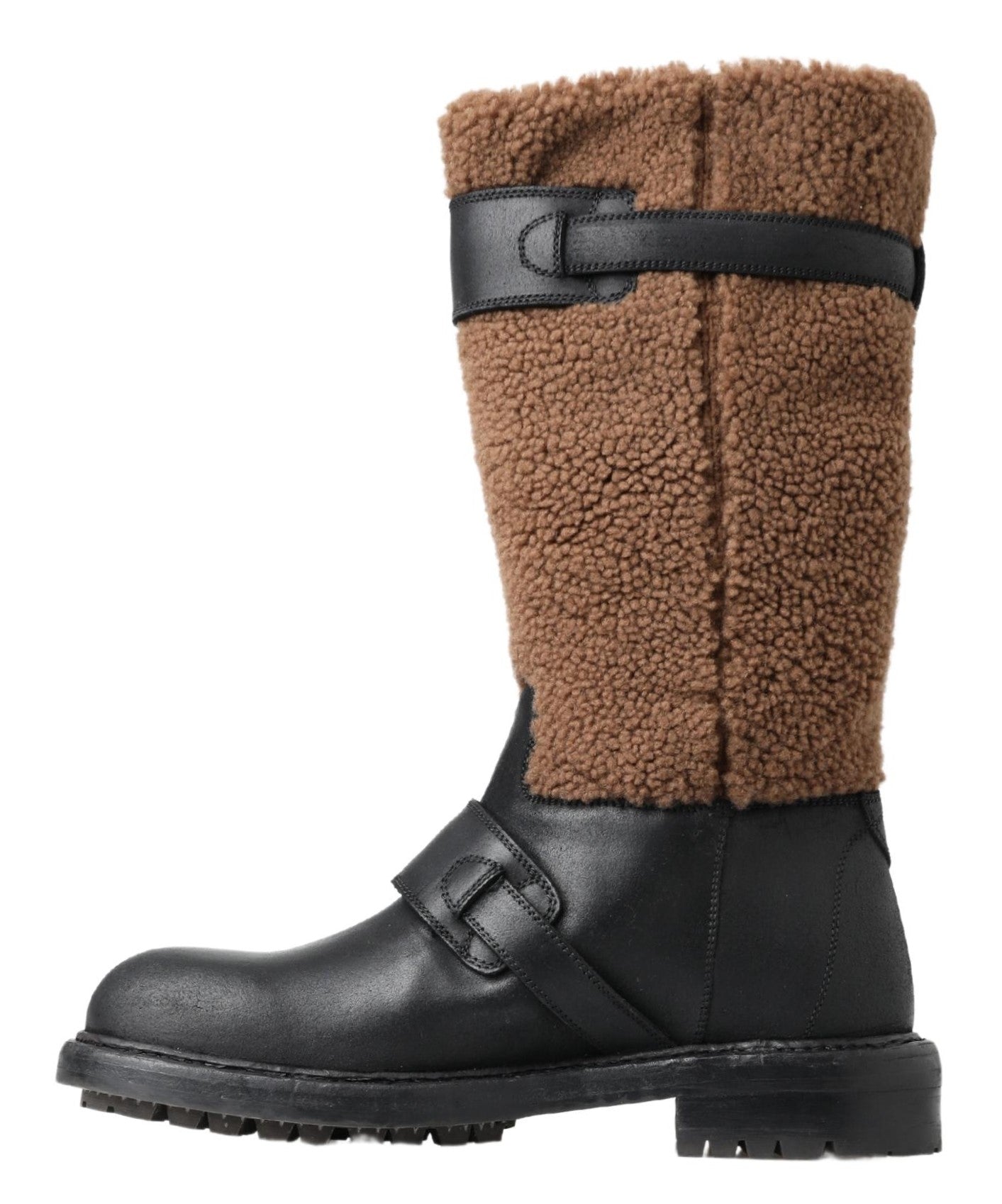 Dolce &amp; Gabbana – Schwarze Lederstiefel mit braunem Lammfell
