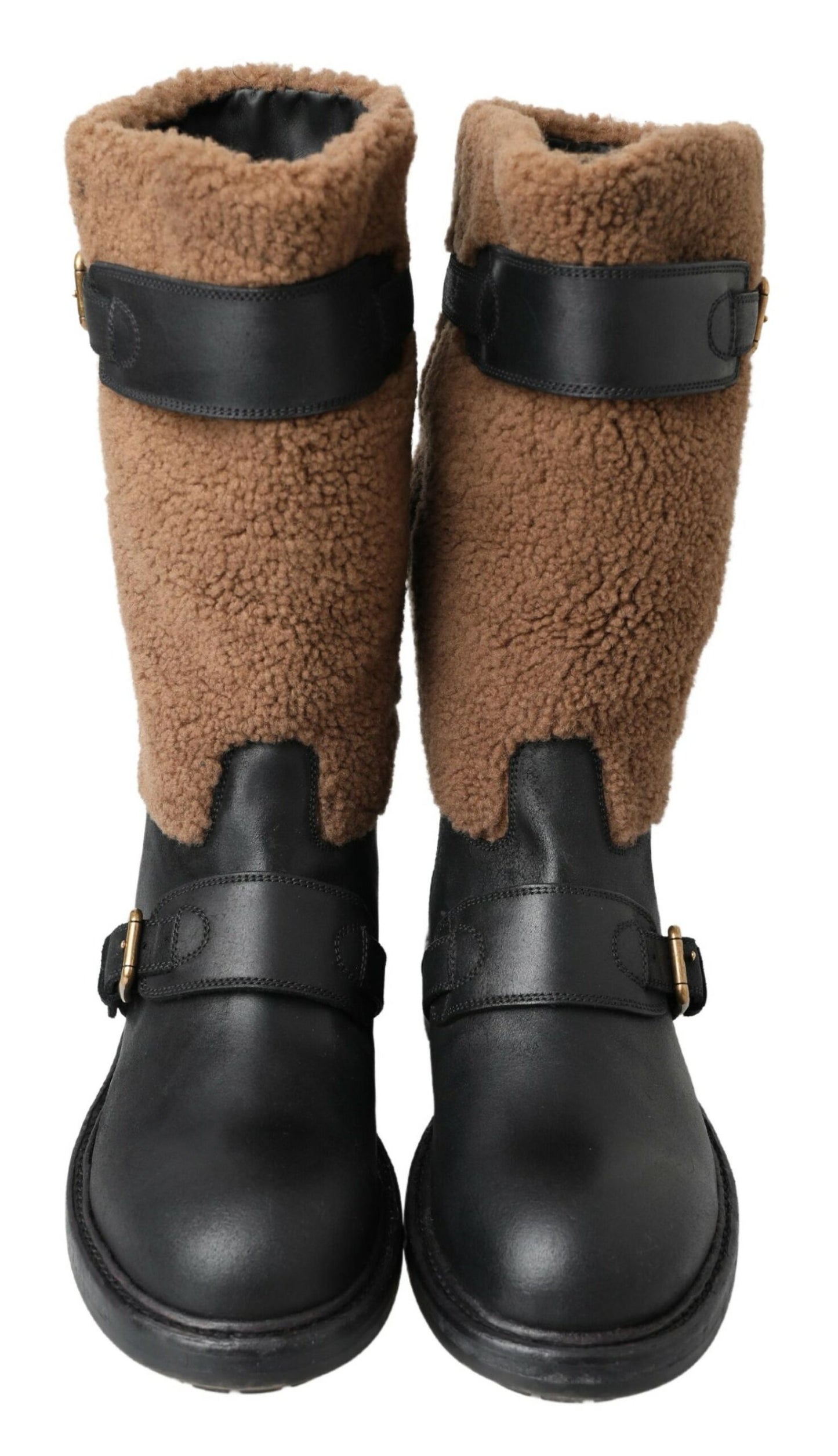 Dolce &amp; Gabbana – Schwarze Lederstiefel mit braunem Lammfell
