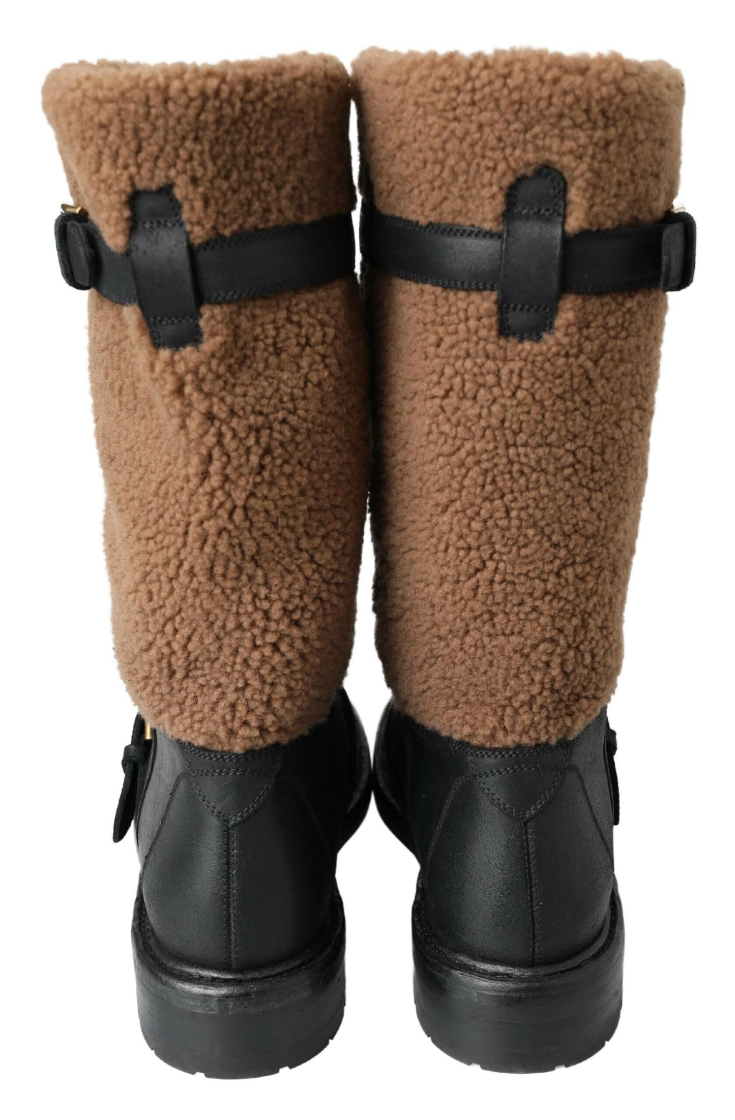 Dolce &amp; Gabbana – Schwarze Lederstiefel mit braunem Lammfell