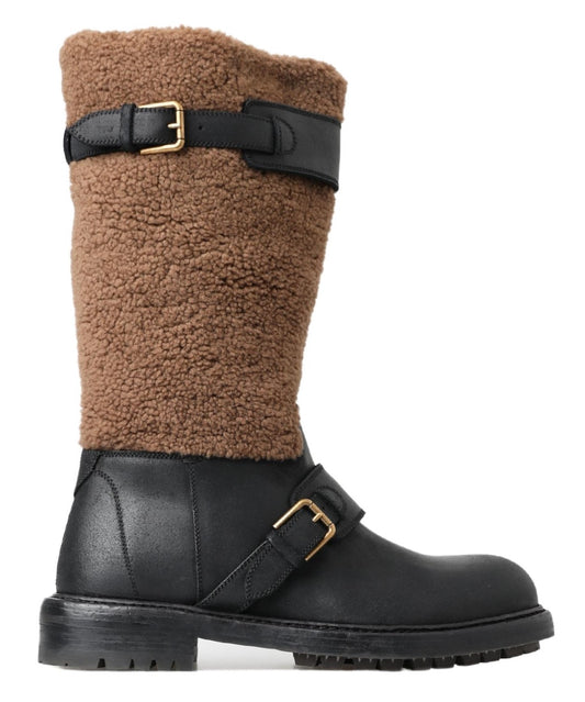 Dolce &amp; Gabbana – Schwarze Lederstiefel mit braunem Lammfell