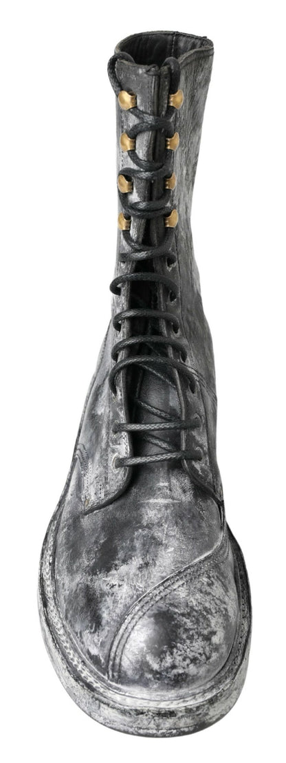 Dolce &amp; Gabbana Schwarz Grau Leder Halbhohe Stiefel Schuhe